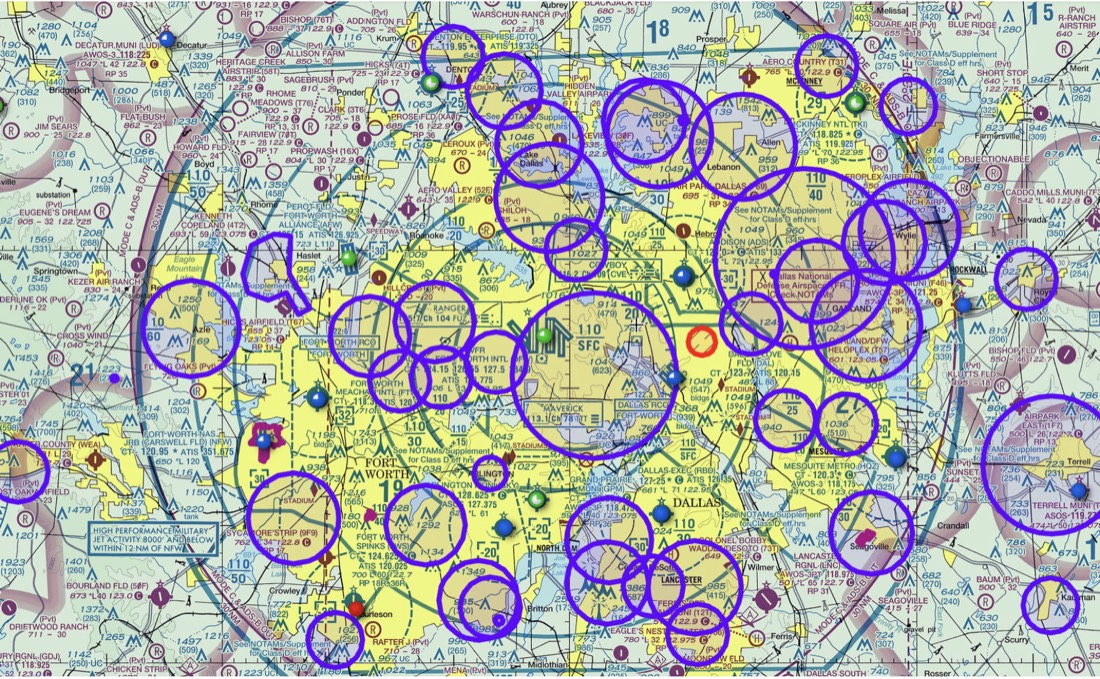 Sectional chart of the Dallas-Fort Worth area overlaid with dozens of circular UAS NOTAM areas